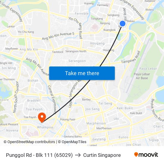 Punggol Rd - Blk 111 (65029) to Curtin Singapore map