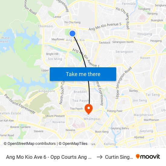 Ang Mo Kio Ave 6 - Opp Courts Ang Mo Kio (54041) to Curtin Singapore map