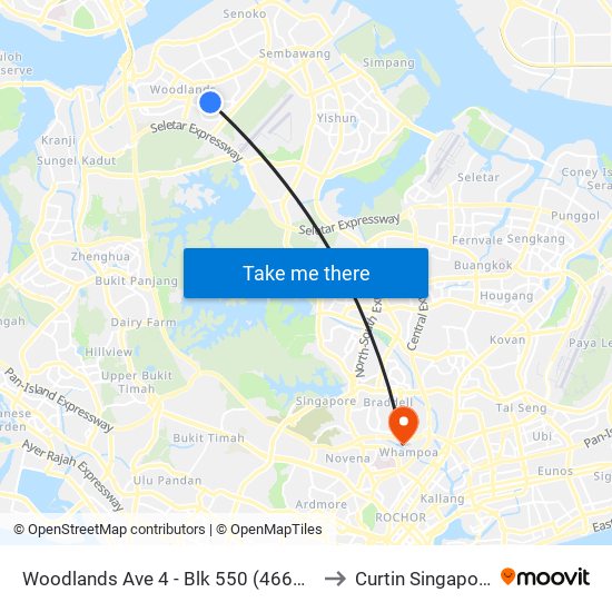 Woodlands Ave 4 - Blk 550 (46651) to Curtin Singapore map
