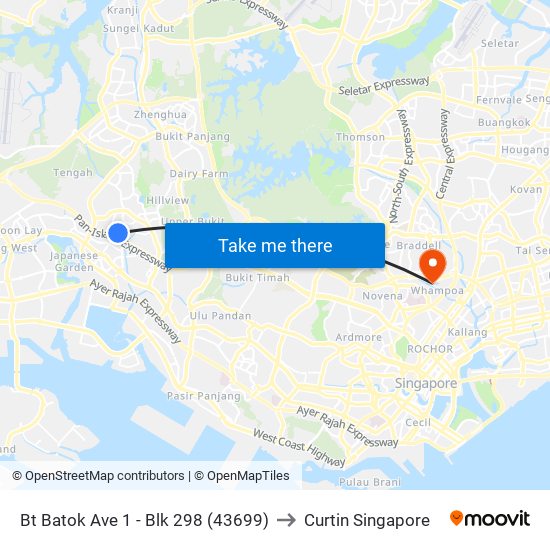 Bt Batok Ave 1 - Blk 298 (43699) to Curtin Singapore map