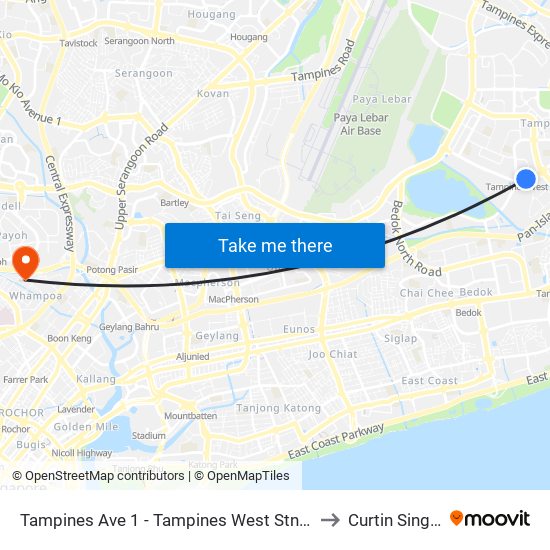 Tampines Ave 1 - Tampines West Stn Exit B (75051) to Curtin Singapore map