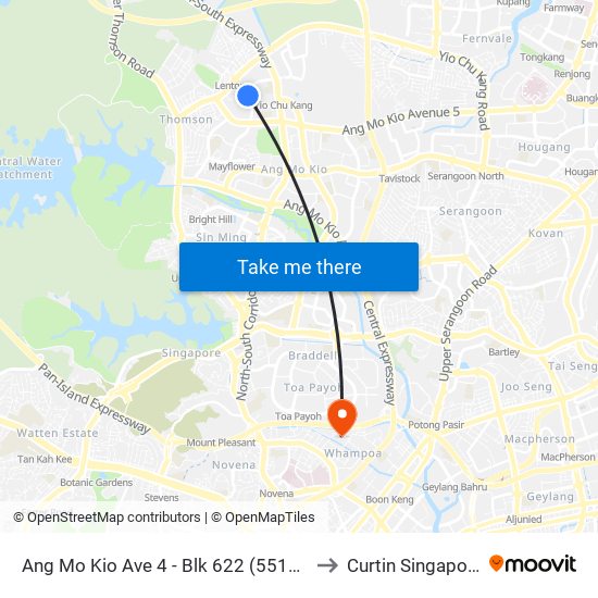 Ang Mo Kio Ave 4 - Blk 622 (55149) to Curtin Singapore map