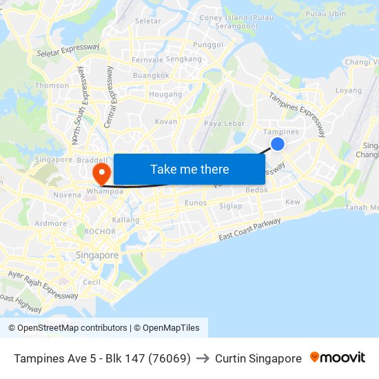 Tampines Ave 5 - Blk 147 (76069) to Curtin Singapore map