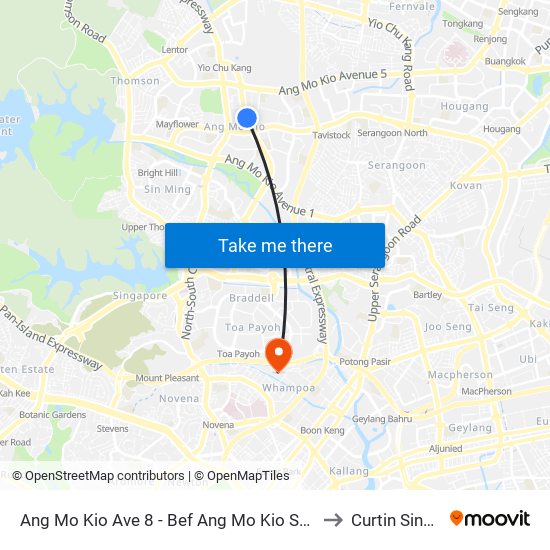 Ang Mo Kio Ave 8 - Bef Ang Mo Kio Stn Exit B (54399) to Curtin Singapore map