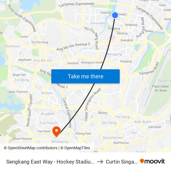 Sengkang East Way - Hockey Stadium (67541) to Curtin Singapore map