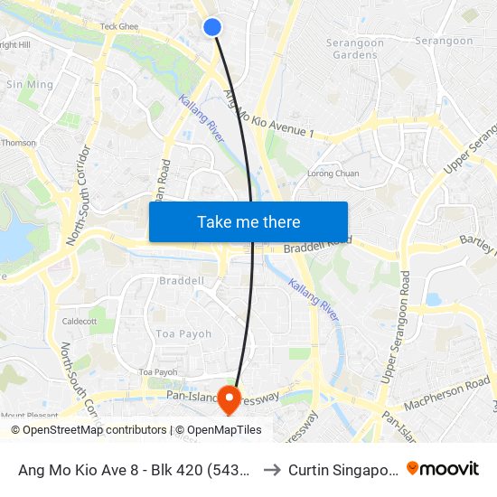 Ang Mo Kio Ave 8 - Blk 420 (54329) to Curtin Singapore map
