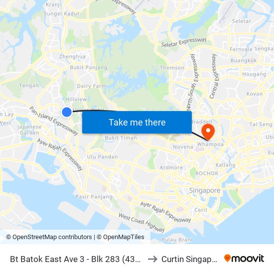 Bt Batok East Ave 3 - Blk 283 (43189) to Curtin Singapore map