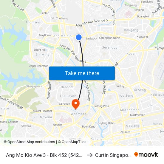 Ang Mo Kio Ave 3 - Blk 452 (54289) to Curtin Singapore map