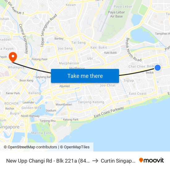 New Upp Changi Rd - Blk 221a (84041) to Curtin Singapore map