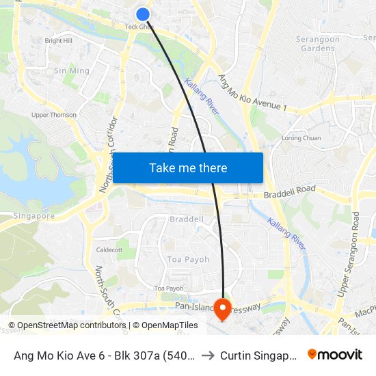 Ang Mo Kio Ave 6 - Blk 307a (54019) to Curtin Singapore map