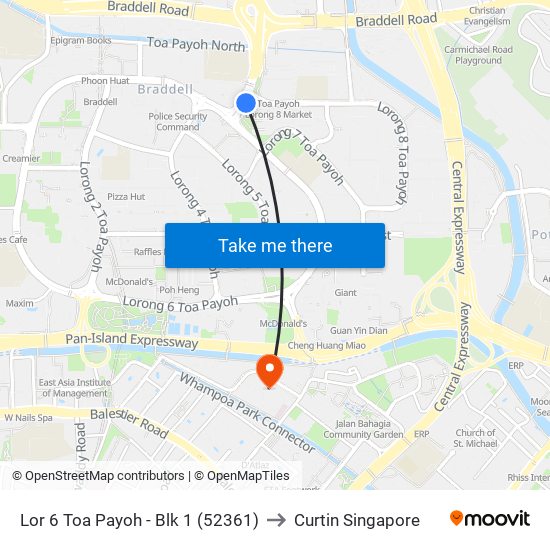 Lor 6 Toa Payoh - Blk 1 (52361) to Curtin Singapore map