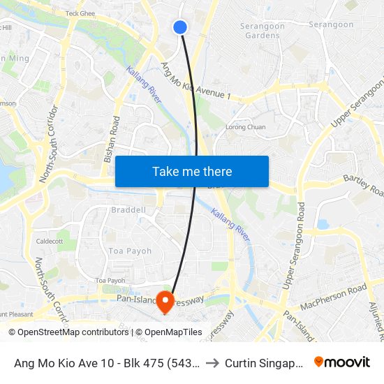Ang Mo Kio Ave 10 - Blk 475 (54379) to Curtin Singapore map