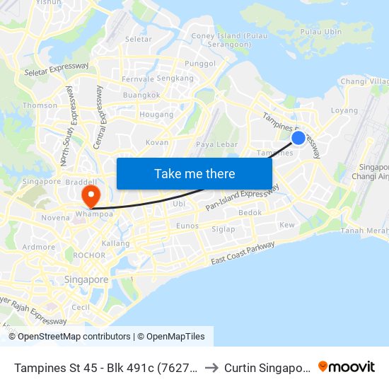 Tampines St 45 - Blk 491c (76279) to Curtin Singapore map