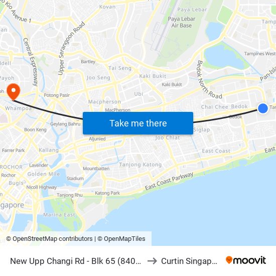 New Upp Changi Rd - Blk 65 (84059) to Curtin Singapore map
