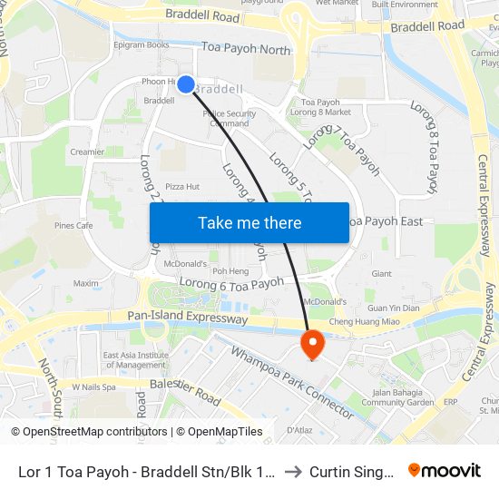 Lor 1 Toa Payoh - Braddell Stn/Blk 106 (52179) to Curtin Singapore map