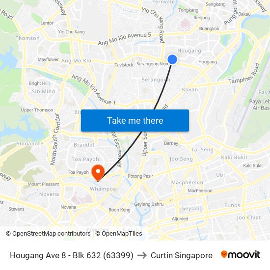 Hougang Ave 8 - Blk 632 (63399) to Curtin Singapore map