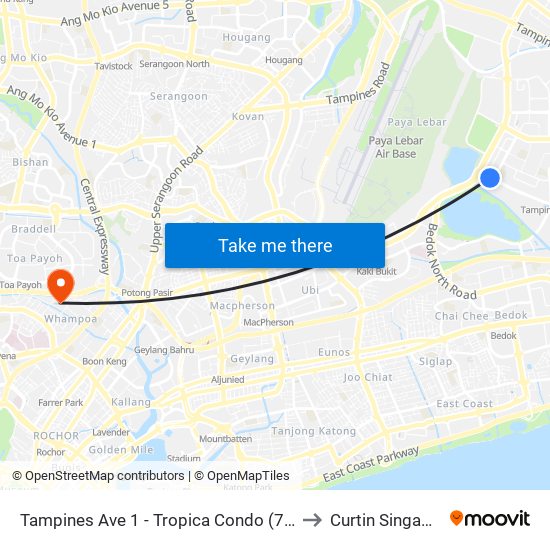 Tampines Ave 1 - Tropica Condo (75259) to Curtin Singapore map