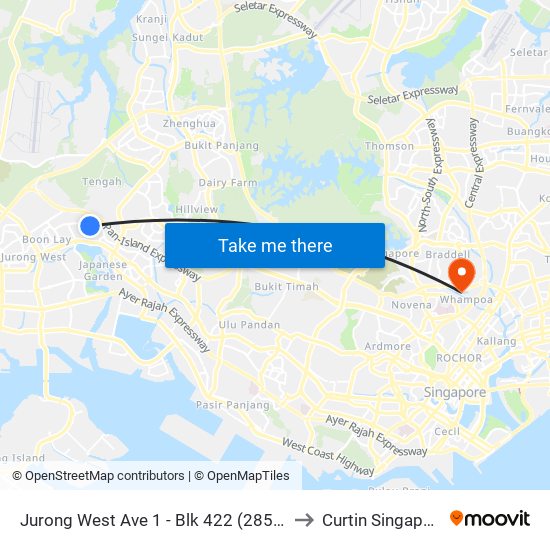 Jurong West Ave 1 - Blk 422 (28509) to Curtin Singapore map