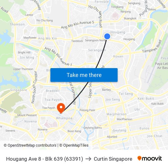 Hougang Ave 8 - Blk 639 (63391) to Curtin Singapore map