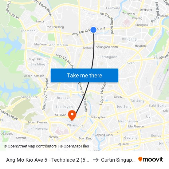 Ang Mo Kio Ave 5 - Techplace 2 (54659) to Curtin Singapore map