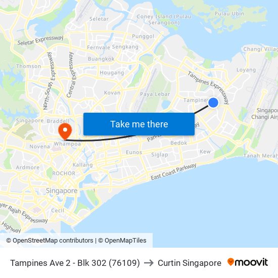 Tampines Ave 2 - Blk 302 (76109) to Curtin Singapore map