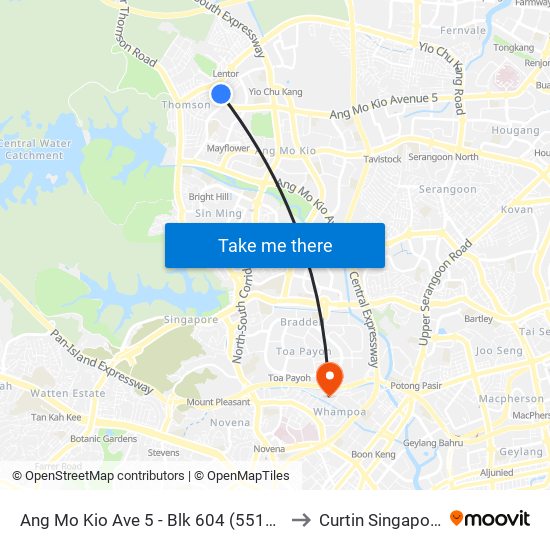 Ang Mo Kio Ave 5 - Blk 604 (55129) to Curtin Singapore map