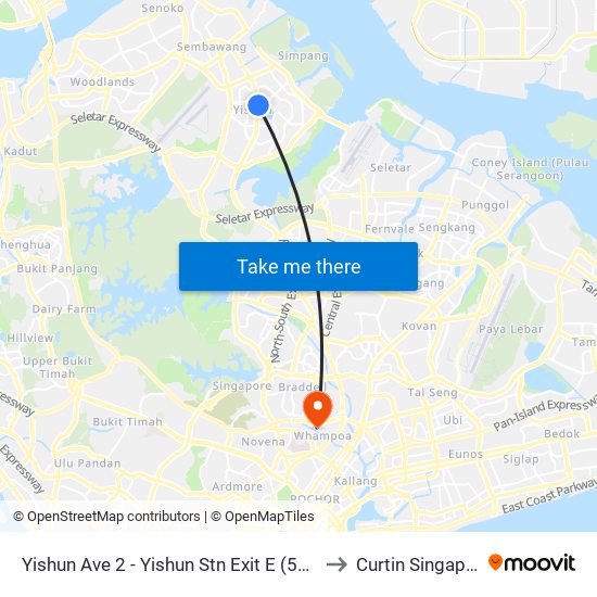 Yishun Ave 2 - Yishun Stn Exit E (59072) to Curtin Singapore map