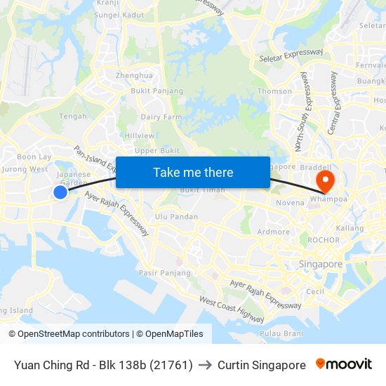 Yuan Ching Rd - Blk 138b (21761) to Curtin Singapore map