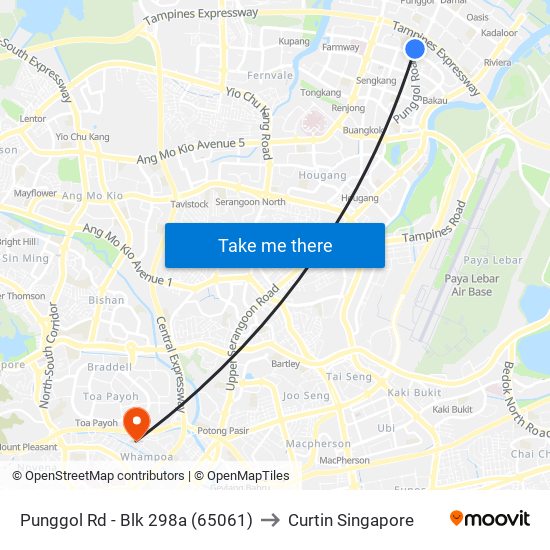 Punggol Rd - Blk 298a (65061) to Curtin Singapore map