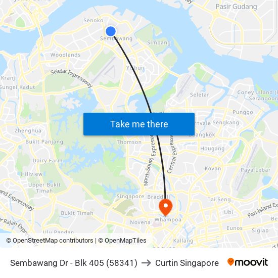 Sembawang Dr - Blk 405 (58341) to Curtin Singapore map