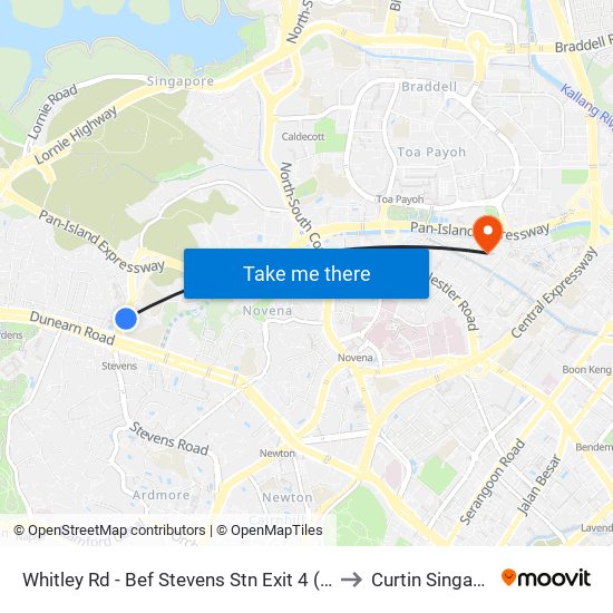 Whitley Rd - Bef Stevens Stn Exit 4 (40239) to Curtin Singapore map