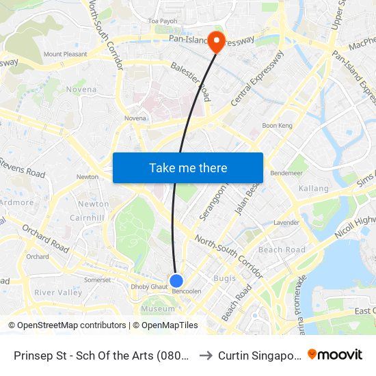 Prinsep St - Sch Of the Arts (08079) to Curtin Singapore map