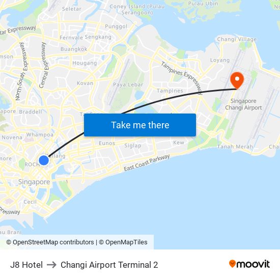 J8 Hotel to Changi Airport Terminal 2 map