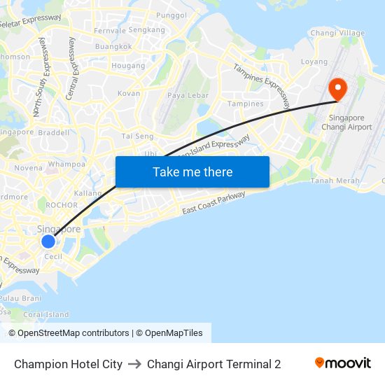 Champion Hotel City to Changi Airport Terminal 2 map