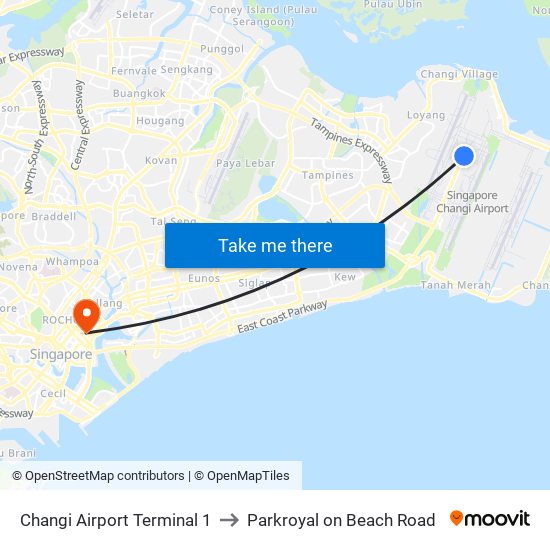 Changi Airport Terminal 1 to Parkroyal on Beach Road map