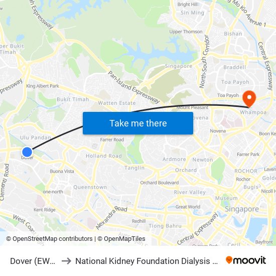 Dover (EW22) to National Kidney Foundation Dialysis Centre map