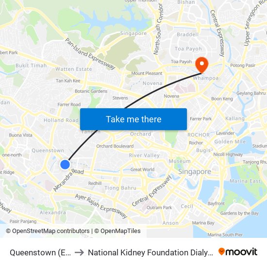 Queenstown (EW19) to National Kidney Foundation Dialysis Centre map