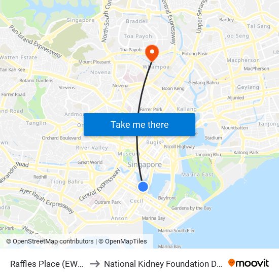 Raffles Place (EW14|NS26) to National Kidney Foundation Dialysis Centre map