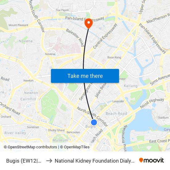 Bugis (EW12|DT14) to National Kidney Foundation Dialysis Centre map