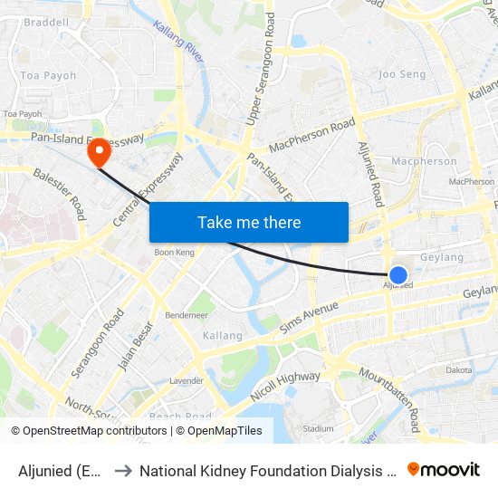 Aljunied (EW9) to National Kidney Foundation Dialysis Centre map