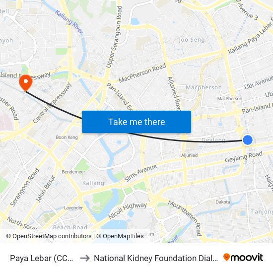 Paya Lebar (CC9|EW8) to National Kidney Foundation Dialysis Centre map