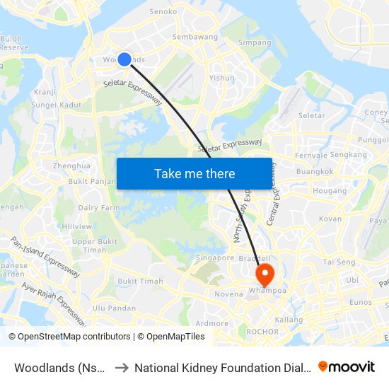 Woodlands (Ns9 | Te2) to National Kidney Foundation Dialysis Centre map