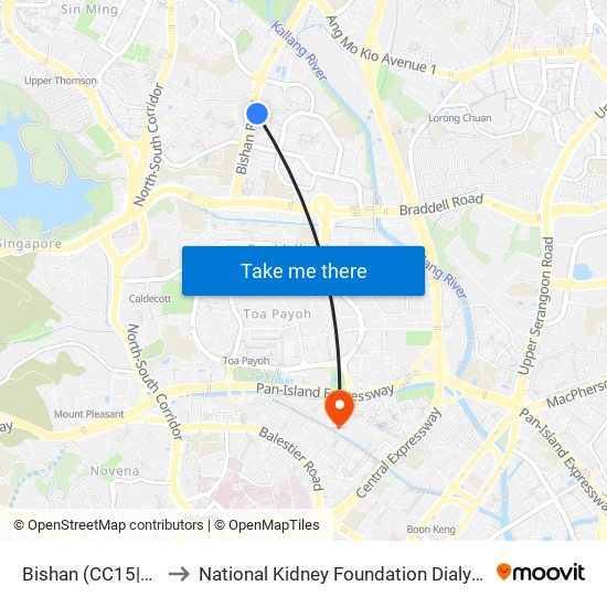 Bishan (CC15|NS17) to National Kidney Foundation Dialysis Centre map