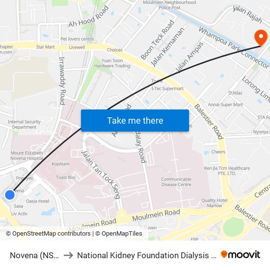 Novena (NS20) to National Kidney Foundation Dialysis Centre map