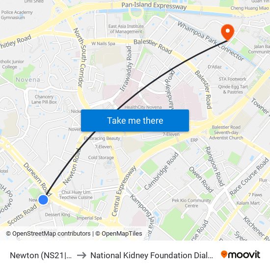 Newton (NS21|DT11) to National Kidney Foundation Dialysis Centre map