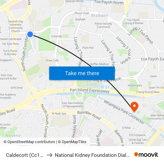 Caldecott (Cc17|Te9) to National Kidney Foundation Dialysis Centre map