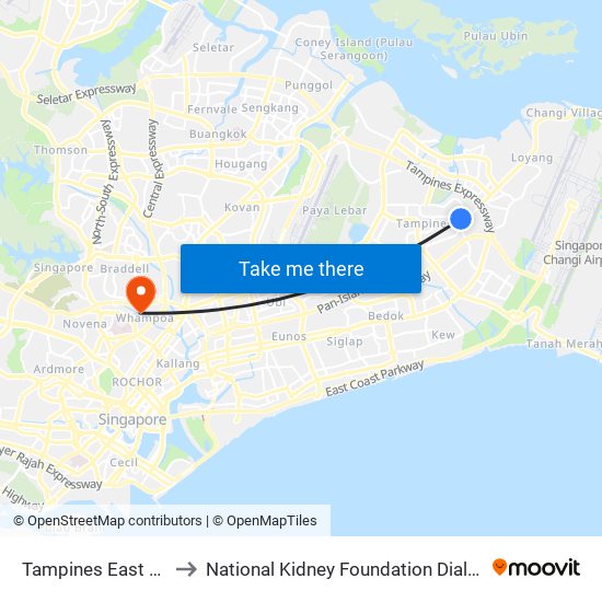 Tampines East (DT33) to National Kidney Foundation Dialysis Centre map