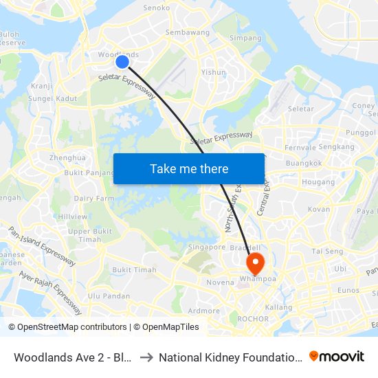 Woodlands Ave 2 - Blk 511 (46331) to National Kidney Foundation Dialysis Centre map