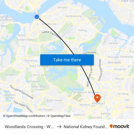 Woodlands Crossing - W'Lands Checkpt (46109) to National Kidney Foundation Dialysis Centre map