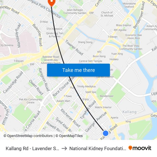 Kallang Rd - Lavender Stn Exit B (01311) to National Kidney Foundation Dialysis Centre map